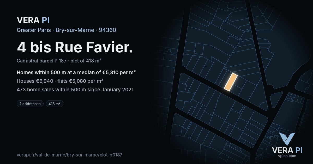 4 bis Rue Favier, Bry-sur-Marne at night – the plot lit, the parcels around coloured by the prices near them
