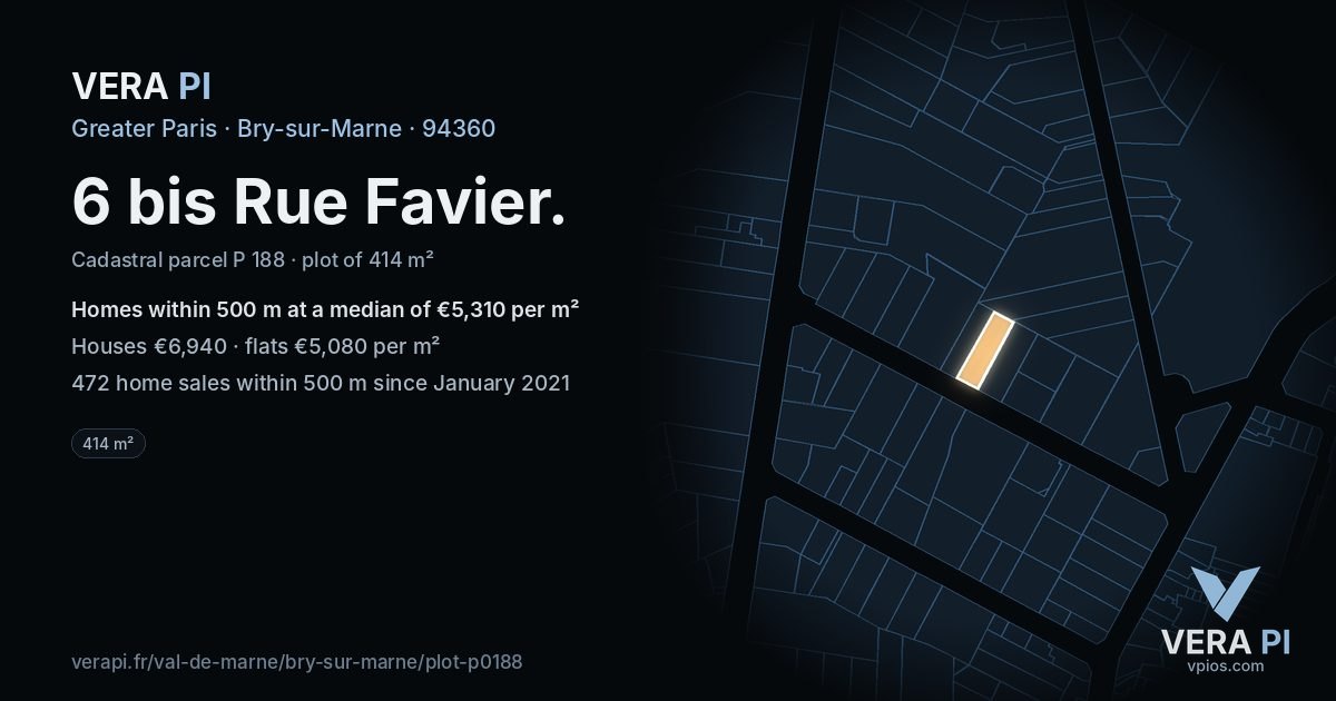 6 bis Rue Favier, Bry-sur-Marne at night – the plot lit, the parcels around coloured by the prices near them