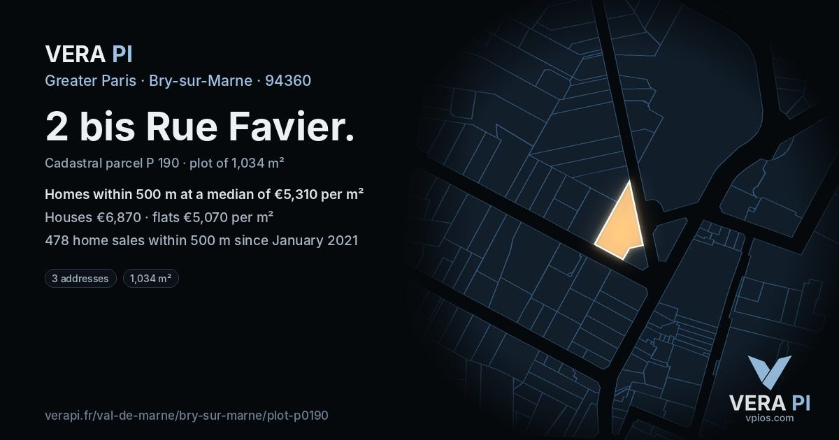 2 bis Rue Favier, Bry-sur-Marne at night – the plot lit, the parcels around coloured by the prices near them