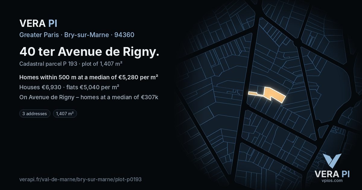 40 ter Avenue de Rigny, Bry-sur-Marne at night – the plot lit, the parcels around coloured by the prices near them