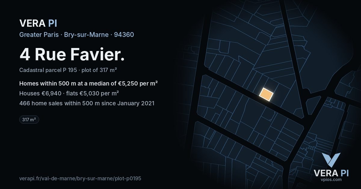 4 Rue Favier, Bry-sur-Marne at night – the plot lit, the parcels around coloured by the prices near them