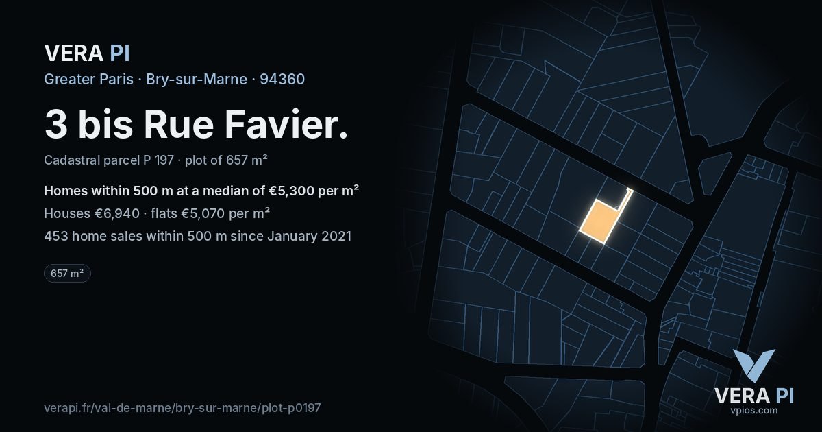 3 bis Rue Favier, Bry-sur-Marne at night – the plot lit, the parcels around coloured by the prices near them
