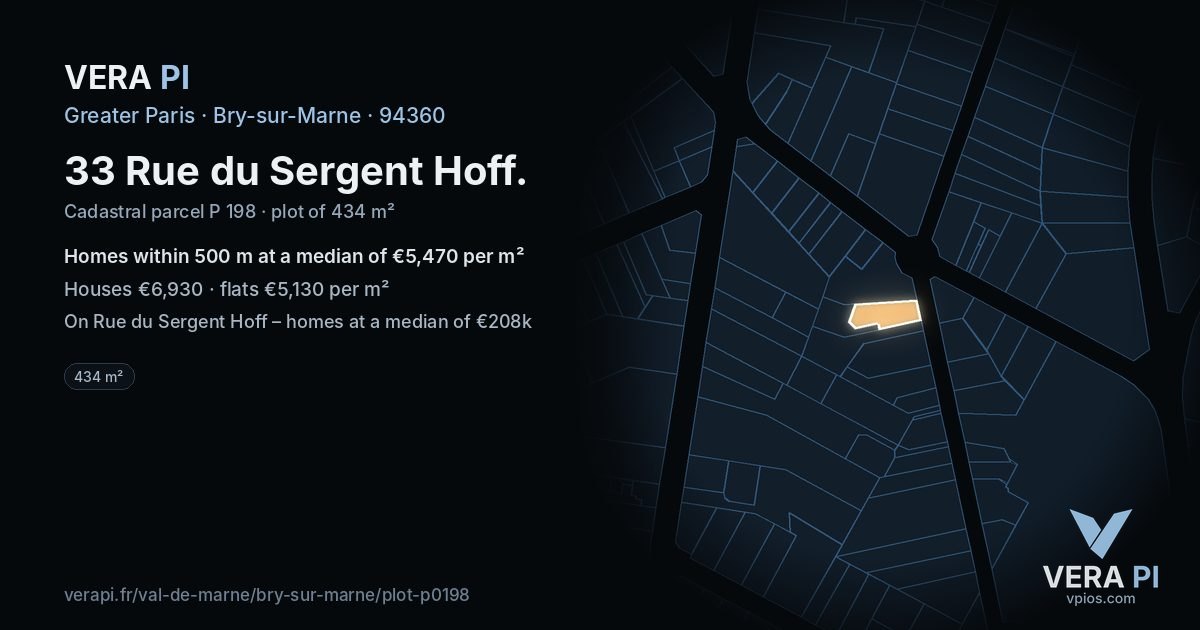 33 Rue du Sergent Hoff, Bry-sur-Marne at night – the plot lit, the parcels around coloured by the prices near them