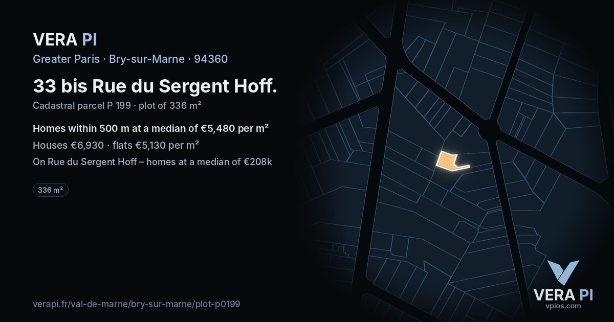 33 bis Rue du Sergent Hoff, Bry-sur-Marne at night – the plot lit, the parcels around coloured by the prices near them
