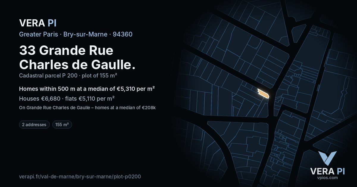 33 Grande Rue Charles de Gaulle, Bry-sur-Marne at night – the plot lit, the parcels around coloured by the prices near them