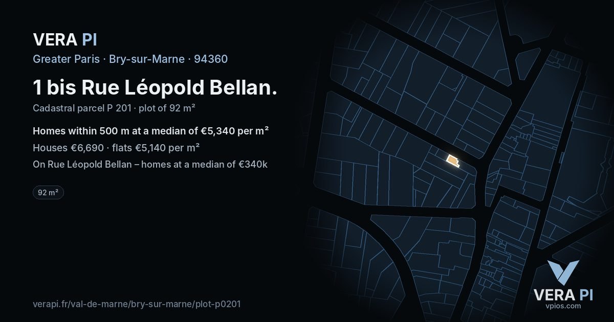 1 bis Rue Léopold Bellan, Bry-sur-Marne at night – the plot lit, the parcels around coloured by the prices near them