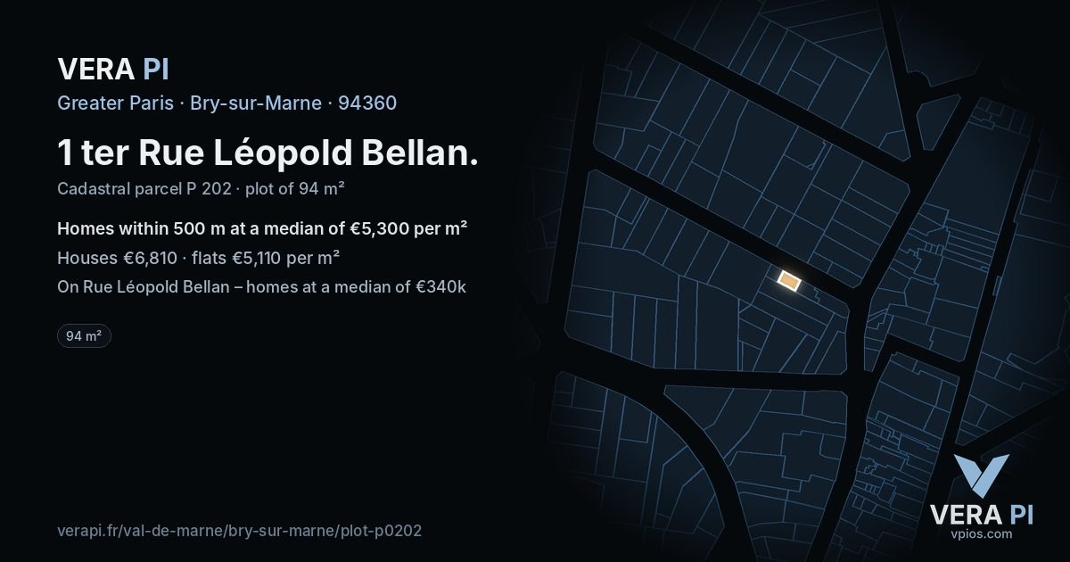 1 ter Rue Léopold Bellan, Bry-sur-Marne at night – the plot lit, the parcels around coloured by the prices near them