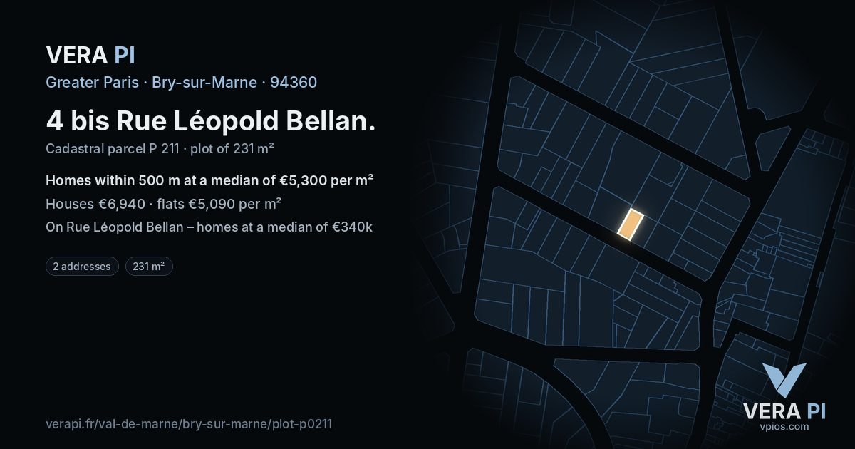 4 bis Rue Léopold Bellan, Bry-sur-Marne at night – the plot lit, the parcels around coloured by the prices near them