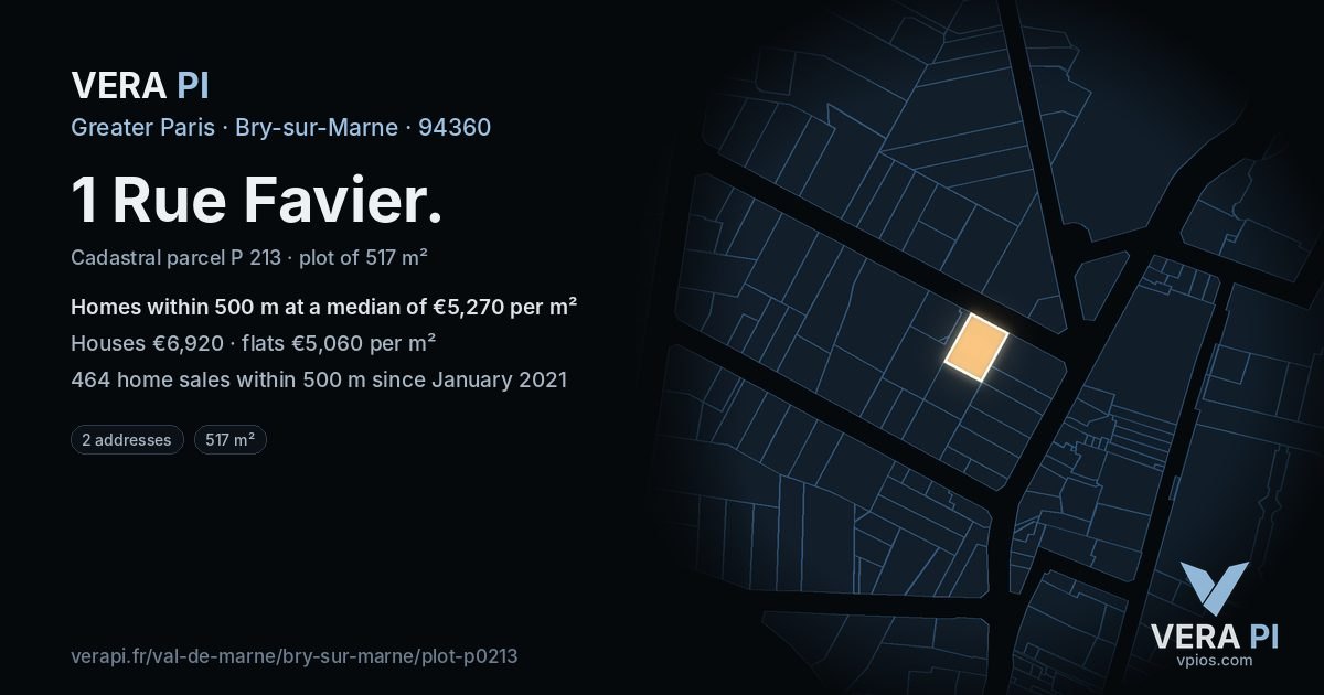 1 Rue Favier, Bry-sur-Marne at night – the plot lit, the parcels around coloured by the prices near them