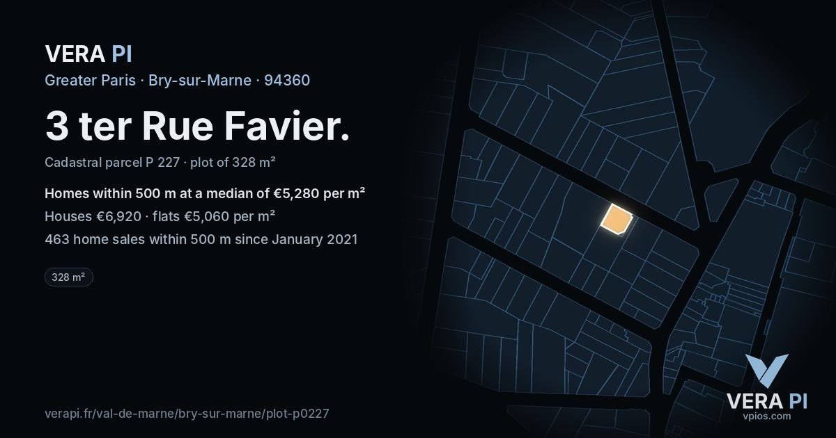 3 ter Rue Favier, Bry-sur-Marne at night – the plot lit, the parcels around coloured by the prices near them