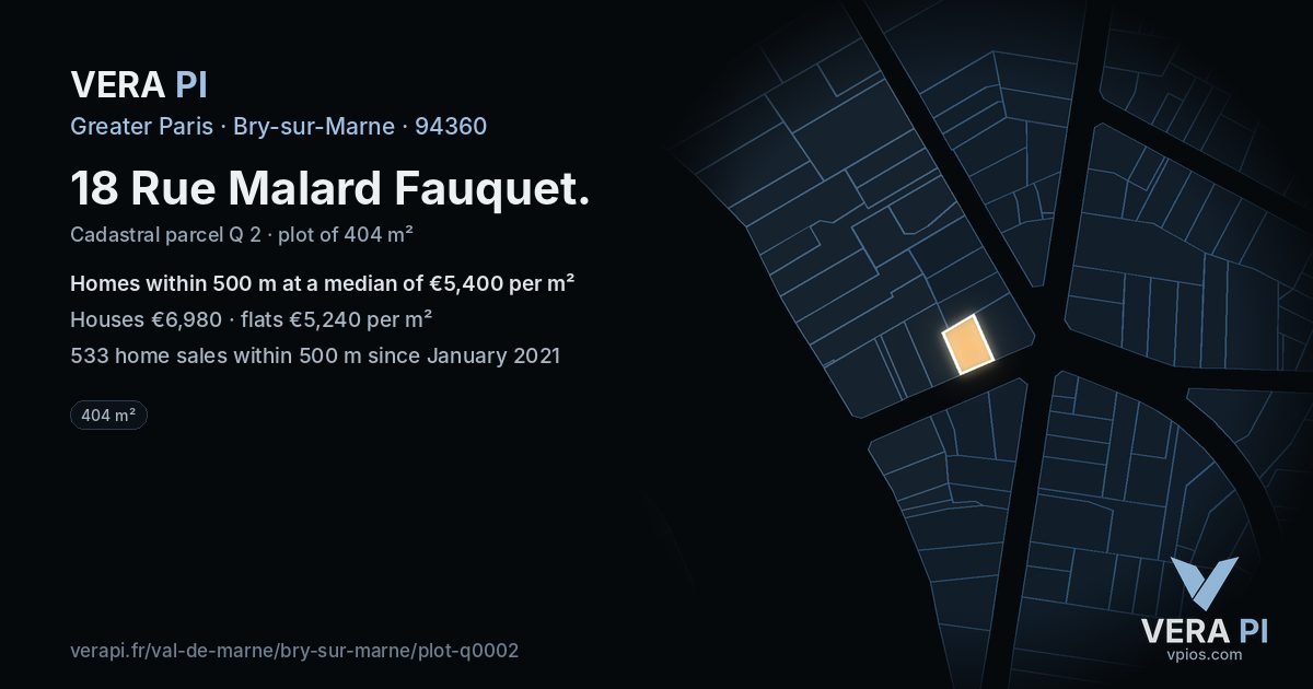 18 Rue Malard Fauquet, Bry-sur-Marne at night – the plot lit, the parcels around coloured by the prices near them