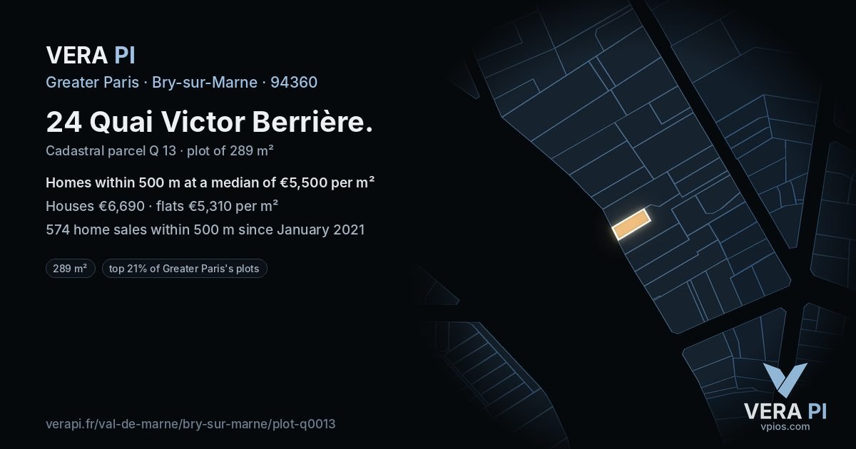 24 Quai Victor Berrière, Bry-sur-Marne at night – the plot lit, the parcels around coloured by the prices near them