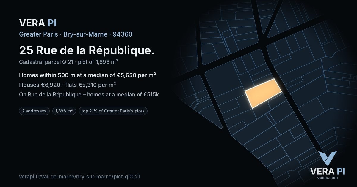 25 Rue de la République, Bry-sur-Marne at night – the plot lit, the parcels around coloured by the prices near them