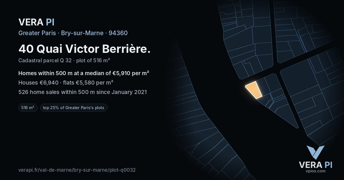 40 Quai Victor Berrière, Bry-sur-Marne at night – the plot lit, the parcels around coloured by the prices near them