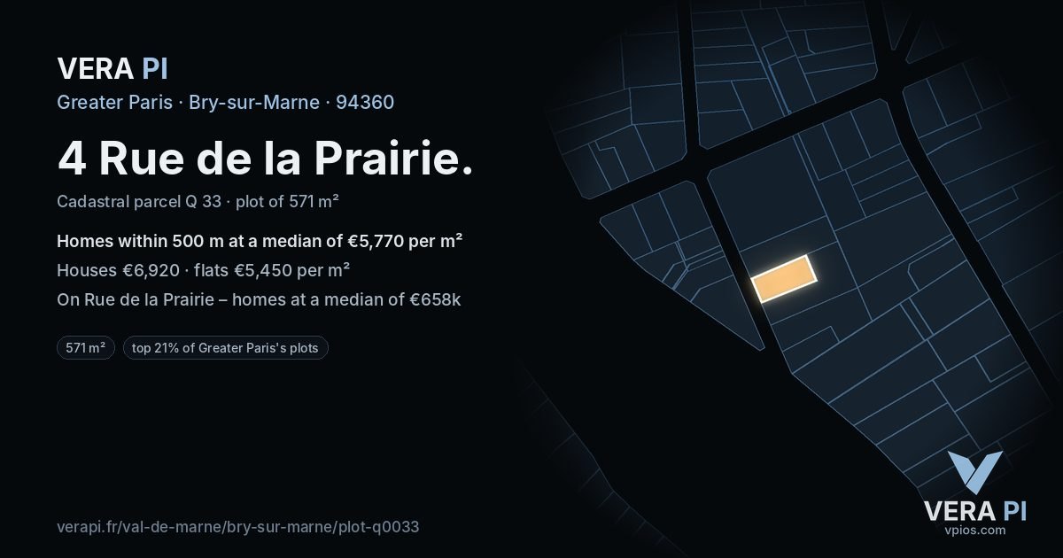 4 Rue de la Prairie, Bry-sur-Marne at night – the plot lit, the parcels around coloured by the prices near them