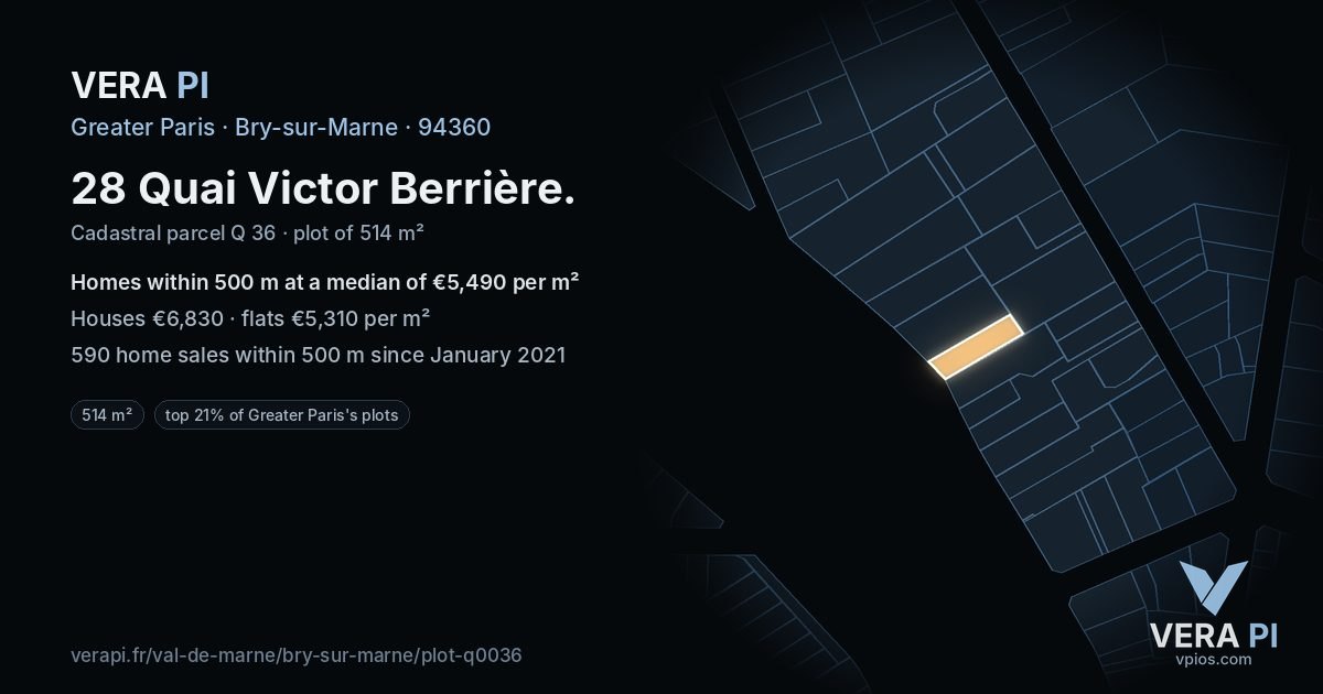 28 Quai Victor Berrière, Bry-sur-Marne at night – the plot lit, the parcels around coloured by the prices near them