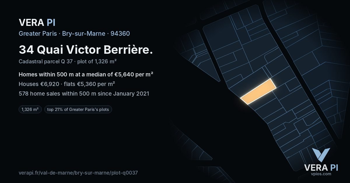 34 Quai Victor Berrière, Bry-sur-Marne at night – the plot lit, the parcels around coloured by the prices near them