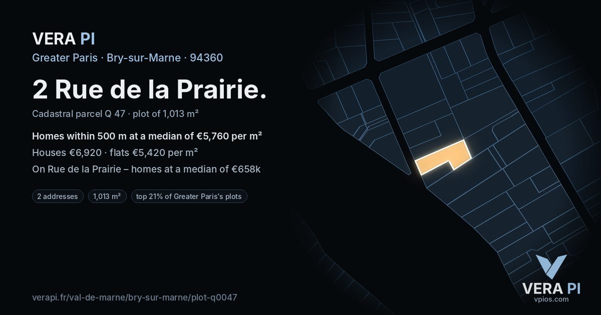 2 Rue de la Prairie, Bry-sur-Marne at night – the plot lit, the parcels around coloured by the prices near them