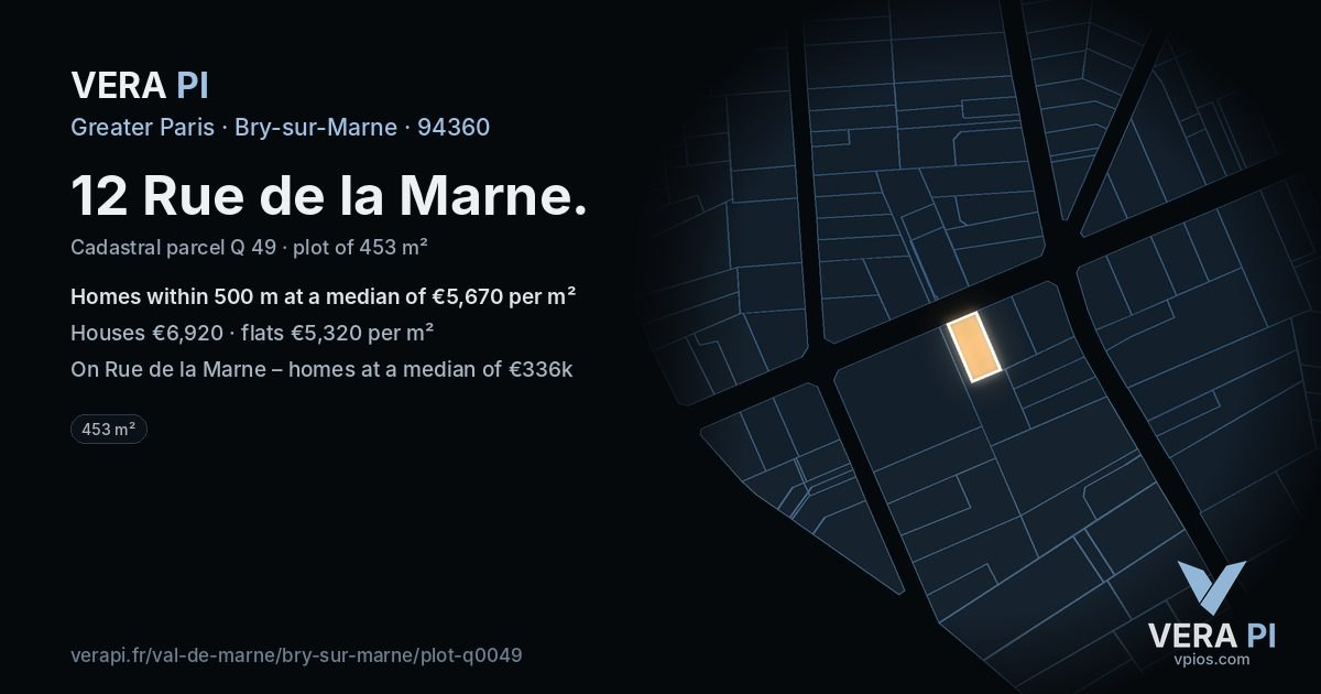 12 Rue de la Marne, Bry-sur-Marne at night – the plot lit, the parcels around coloured by the prices near them