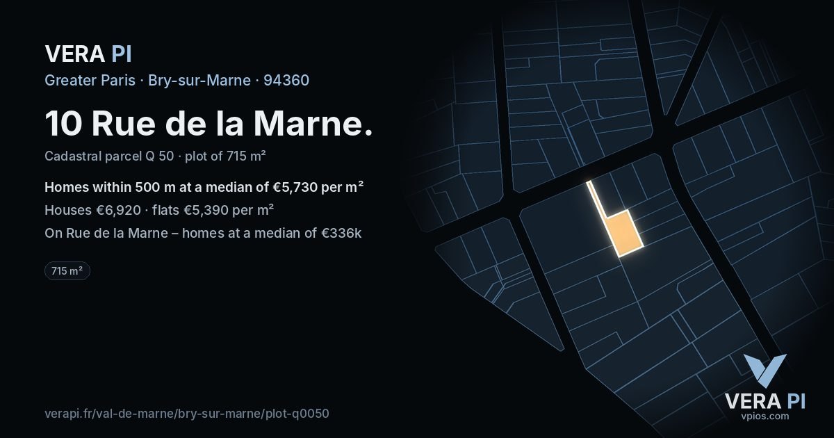 10 Rue de la Marne, Bry-sur-Marne at night – the plot lit, the parcels around coloured by the prices near them
