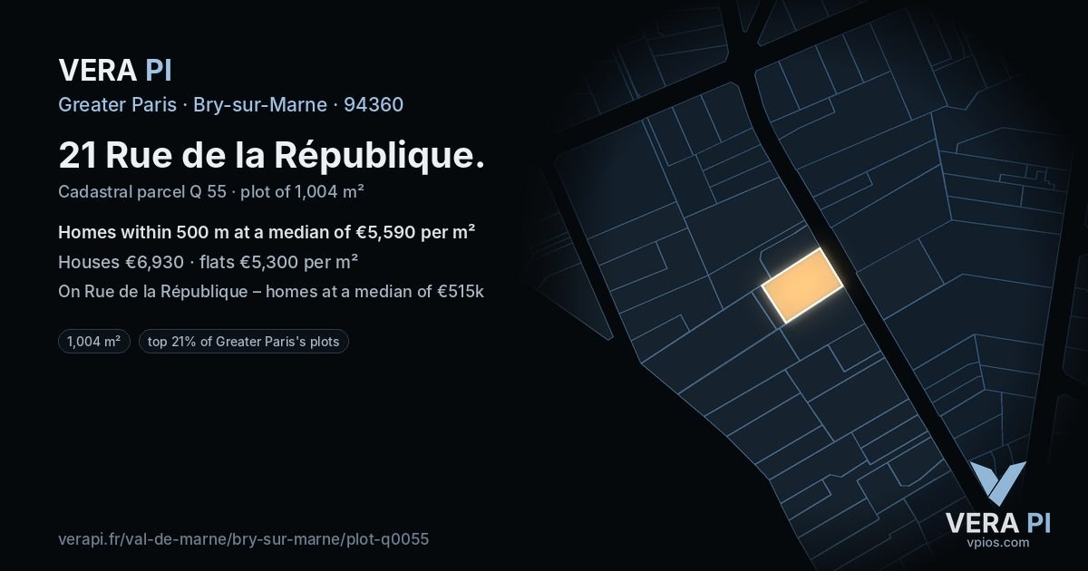 21 Rue de la République, Bry-sur-Marne at night – the plot lit, the parcels around coloured by the prices near them