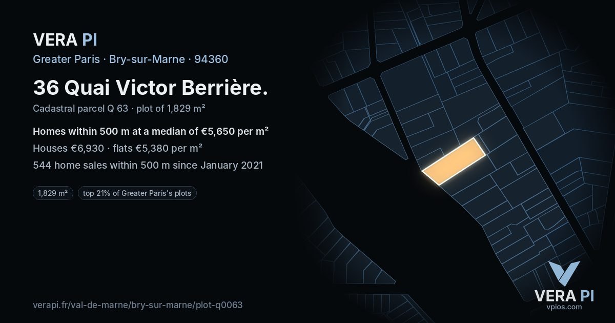 36 Quai Victor Berrière, Bry-sur-Marne at night – the plot lit, the parcels around coloured by the prices near them