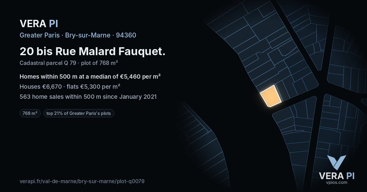 20 bis Rue Malard Fauquet, Bry-sur-Marne at night – the plot lit, the parcels around coloured by the prices near them