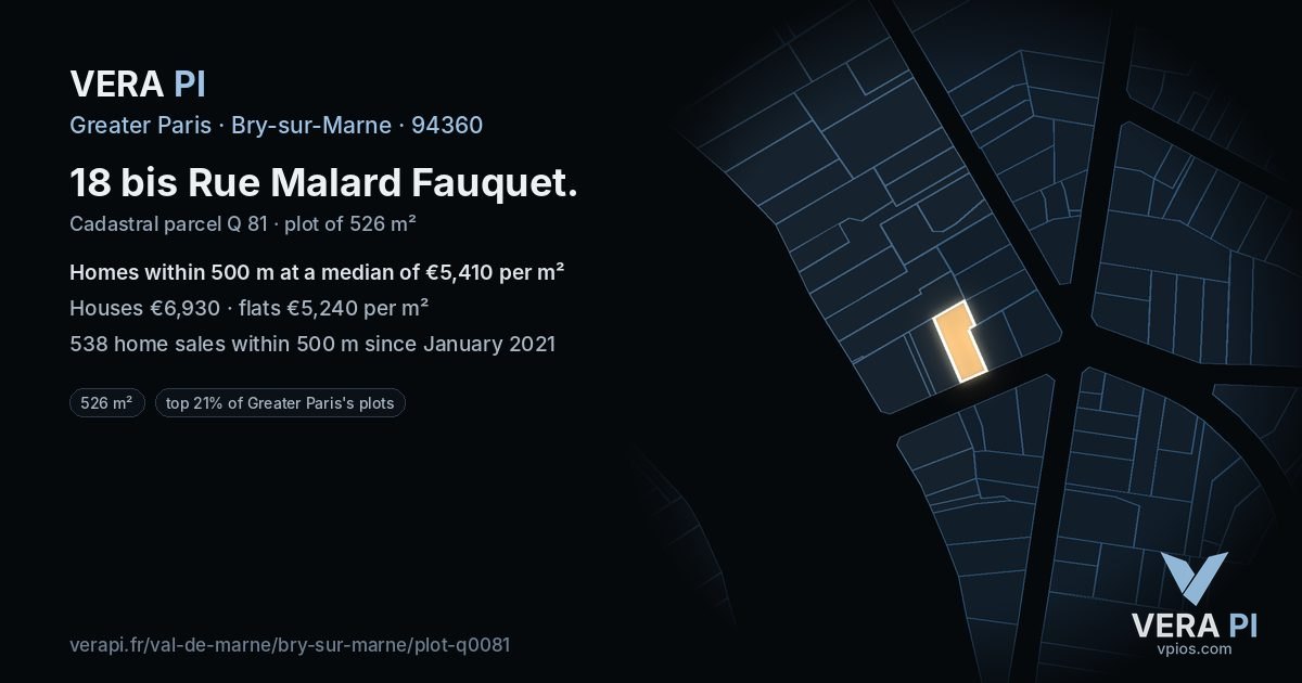 18 bis Rue Malard Fauquet, Bry-sur-Marne at night – the plot lit, the parcels around coloured by the prices near them