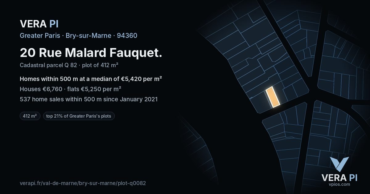 20 Rue Malard Fauquet, Bry-sur-Marne at night – the plot lit, the parcels around coloured by the prices near them