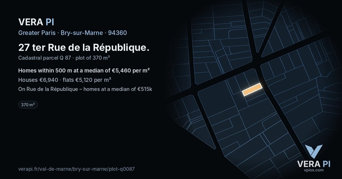 27 ter Rue de la République, Bry-sur-Marne at night – the plot lit, the parcels around coloured by the prices near them