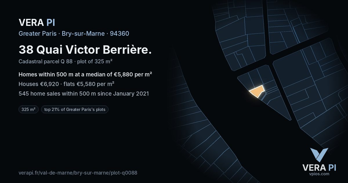 38 Quai Victor Berrière, Bry-sur-Marne at night – the plot lit, the parcels around coloured by the prices near them