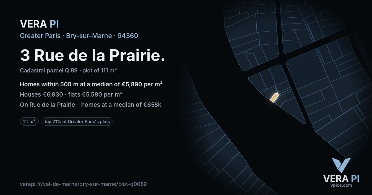 3 Rue de la Prairie, Bry-sur-Marne at night – the plot lit, the parcels around coloured by the prices near them