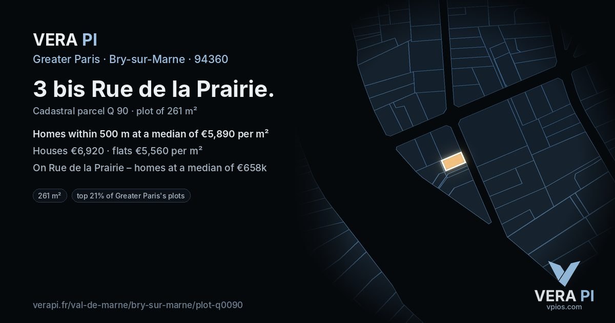3 bis Rue de la Prairie, Bry-sur-Marne at night – the plot lit, the parcels around coloured by the prices near them