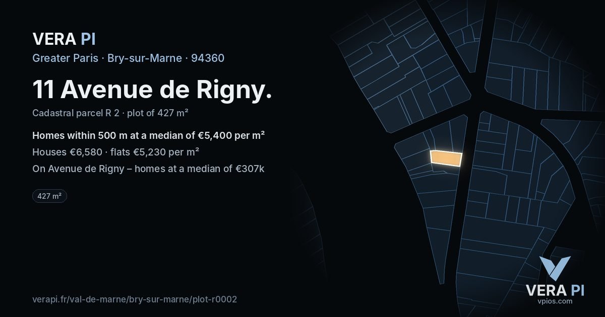 11 Avenue de Rigny, Bry-sur-Marne at night – the plot lit, the parcels around coloured by the prices near them
