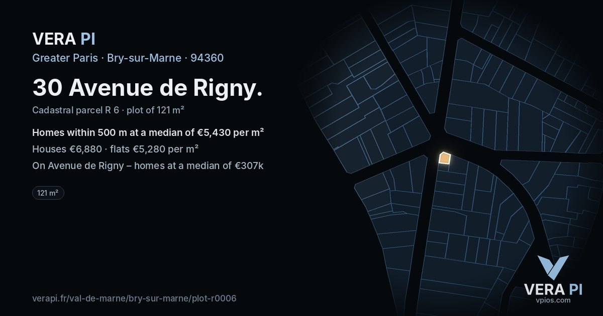 30 Avenue de Rigny, Bry-sur-Marne at night – the plot lit, the parcels around coloured by the prices near them