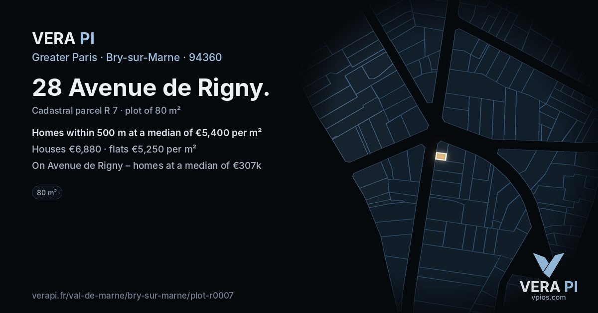 28 Avenue de Rigny, Bry-sur-Marne at night – the plot lit, the parcels around coloured by the prices near them
