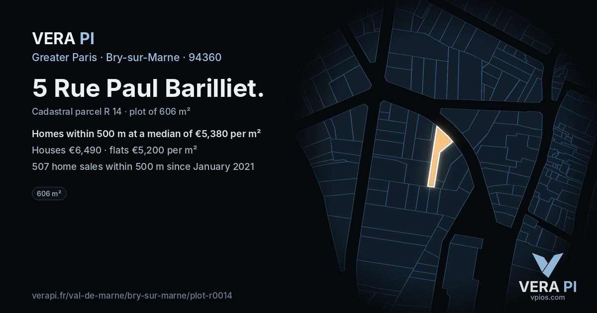 5 Rue Paul Barilliet, Bry-sur-Marne at night – the plot lit, the parcels around coloured by the prices near them