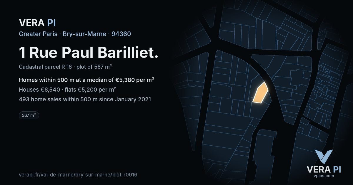 1 Rue Paul Barilliet, Bry-sur-Marne at night – the plot lit, the parcels around coloured by the prices near them