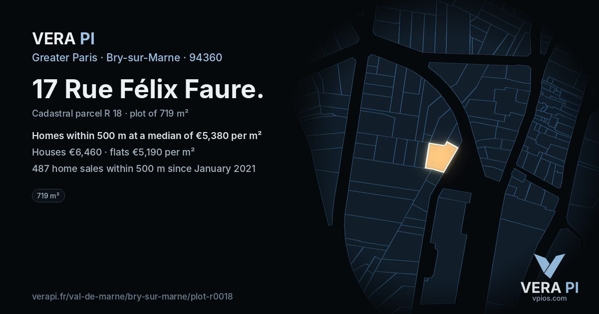 17 Rue Félix Faure, Bry-sur-Marne at night – the plot lit, the parcels around coloured by the prices near them