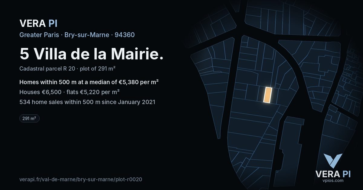 5 Villa de la Mairie, Bry-sur-Marne at night – the plot lit, the parcels around coloured by the prices near them