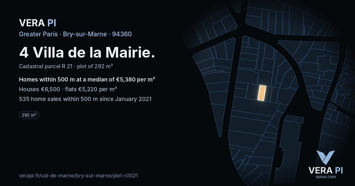 4 Villa de la Mairie, Bry-sur-Marne at night – the plot lit, the parcels around coloured by the prices near them