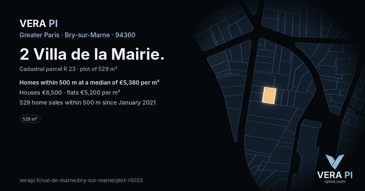 2 Villa de la Mairie, Bry-sur-Marne at night – the plot lit, the parcels around coloured by the prices near them