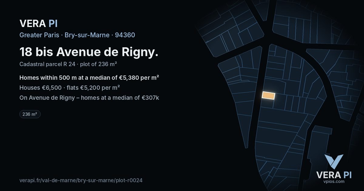 18 bis Avenue de Rigny, Bry-sur-Marne at night – the plot lit, the parcels around coloured by the prices near them