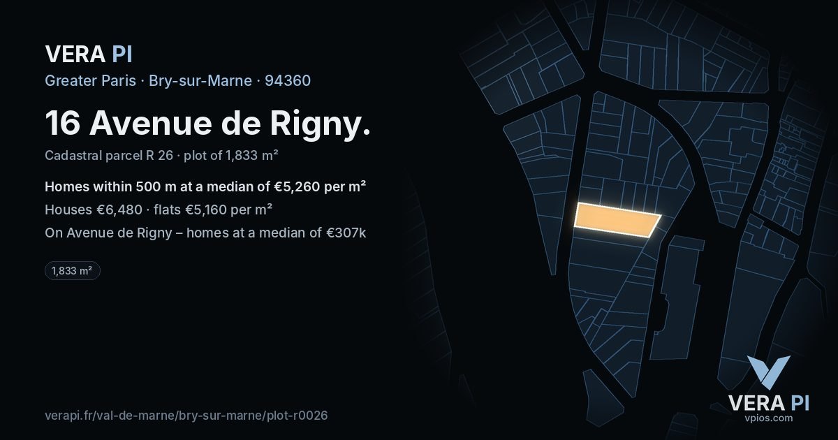 16 Avenue de Rigny, Bry-sur-Marne at night – the plot lit, the parcels around coloured by the prices near them