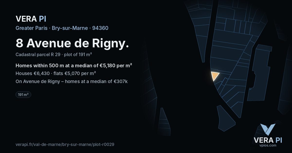 8 Avenue de Rigny, Bry-sur-Marne at night – the plot lit, the parcels around coloured by the prices near them