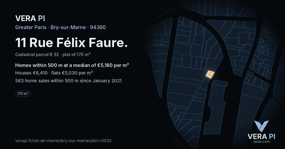 11 Rue Félix Faure, Bry-sur-Marne at night – the plot lit, the parcels around coloured by the prices near them