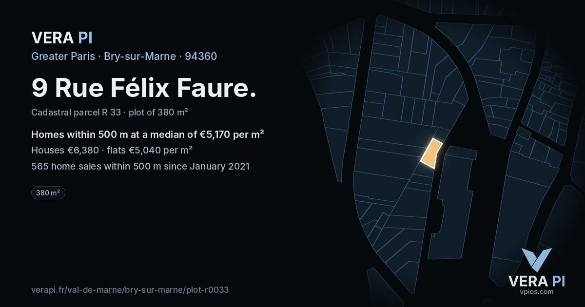 9 Rue Félix Faure, Bry-sur-Marne at night – the plot lit, the parcels around coloured by the prices near them
