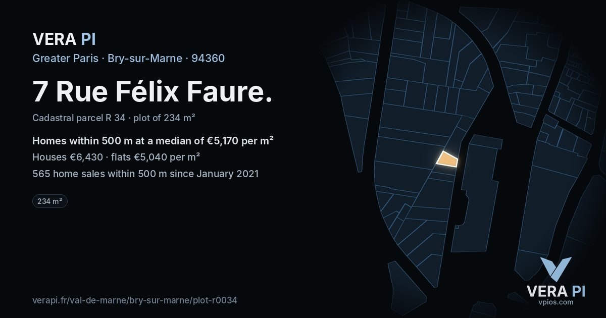 7 Rue Félix Faure, Bry-sur-Marne at night – the plot lit, the parcels around coloured by the prices near them