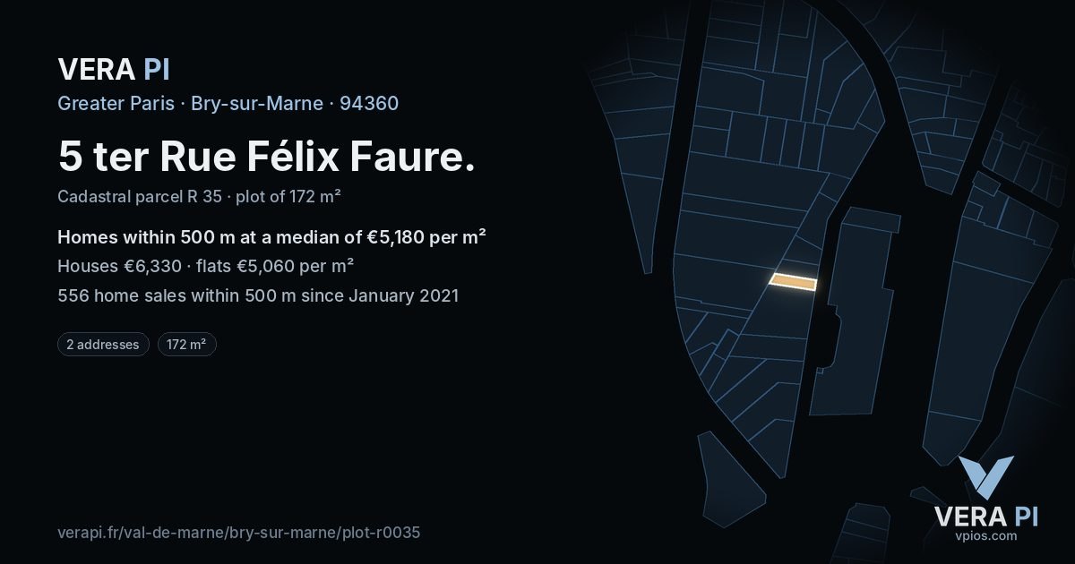 5 ter Rue Félix Faure, Bry-sur-Marne at night – the plot lit, the parcels around coloured by the prices near them