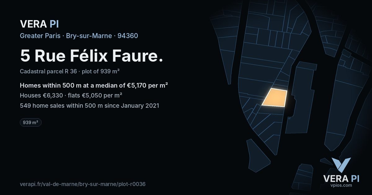 5 Rue Félix Faure, Bry-sur-Marne at night – the plot lit, the parcels around coloured by the prices near them